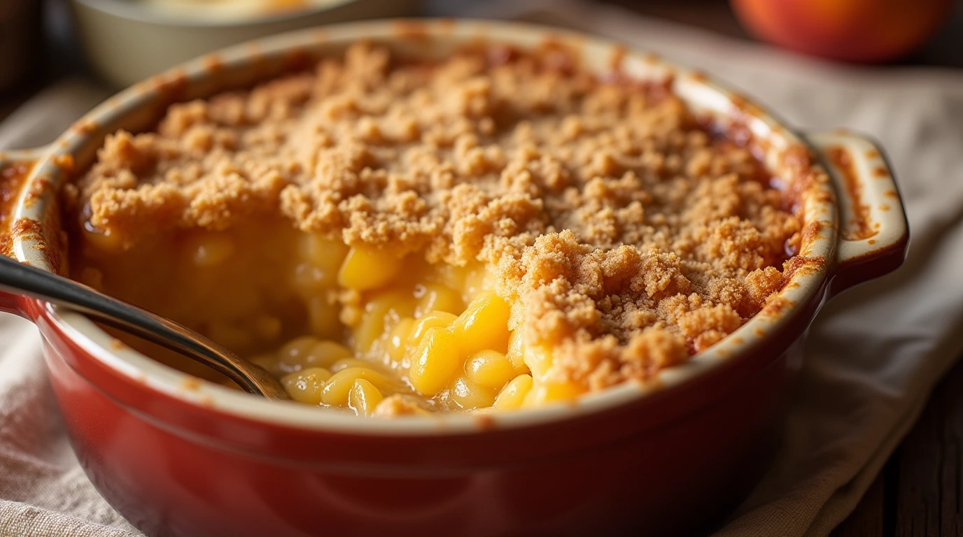 Golden brown peach crumble with a crispy topping, fresh from the oven