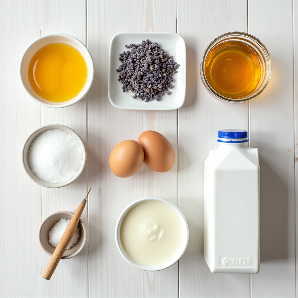 Ingredients for honey lavender ice cream recipe