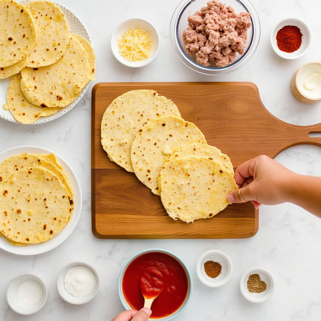 Flat lay image of ingredients for Boulders enchiladas, including tortillas, sauce, meat, cheese, spices, with a hand dipping a tortilla. Boulders Enchilada Recipe