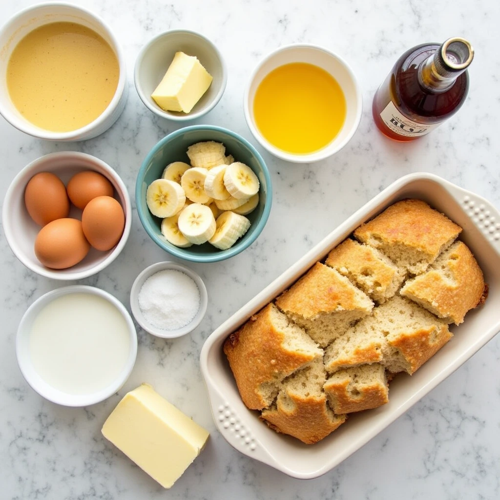 Ingredients and tools to make Bananas Foster Bread Pudding