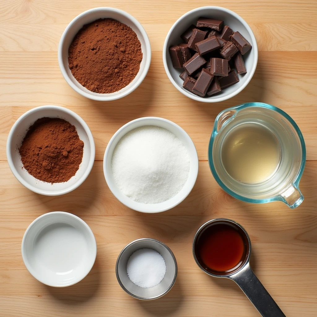 All the ingredients for a bulk black label chocolate sauce recipe laid out