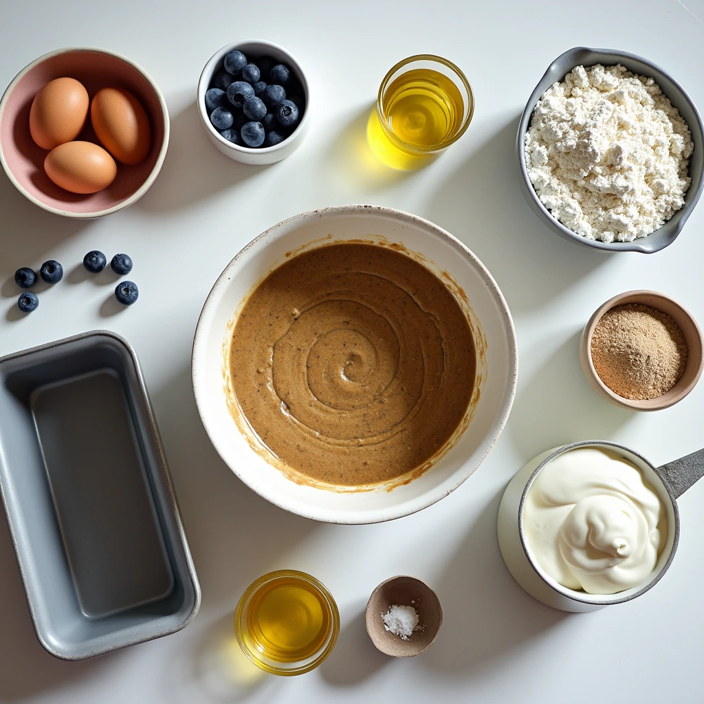 Full view of ingredients for blueberry lentil bread recipe on a kitchen counter