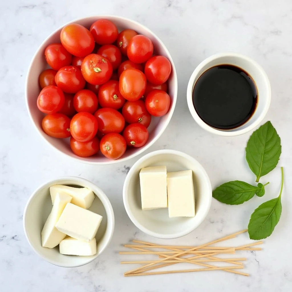 Fresh ingredients for Mini Caprese Skewers, including tomatoes, mozzarella, basil, balsamic glaze, and wooden skewers 'justalittlebite recipes'