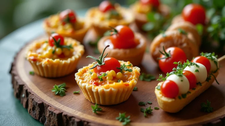 An assortment of colorful and delicious 'justalittlebite recipes' arranged on a wooden board