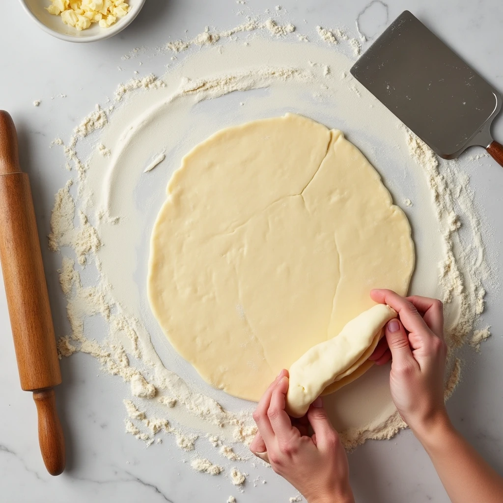 Baker folding laminated dough for gipfeli on a floured counter