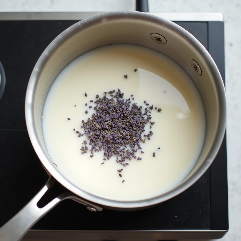 Infusing lavender flowers in cream for honey lavender ice cream