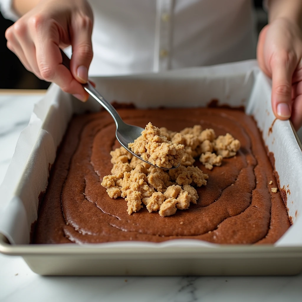 Hands layering cookie dough on top of brownie batter in a baking pan to create brookies