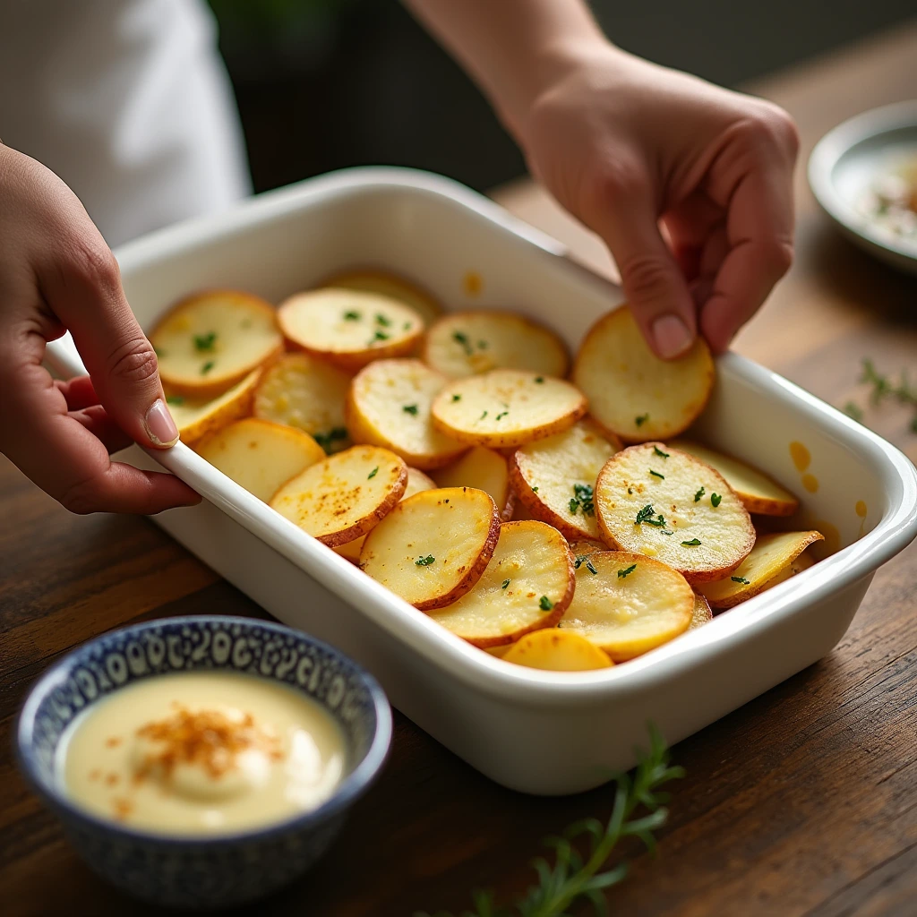 Layering potatoes for a scalloped potato recipe with cheese powder