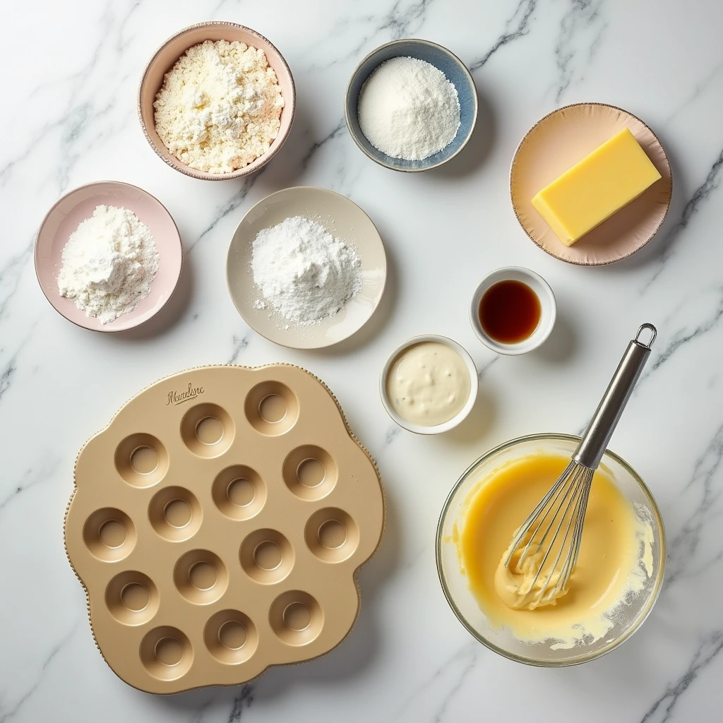 All the ingredients for creamy Madeline cookies laid out on a countertop with a Madeline pan