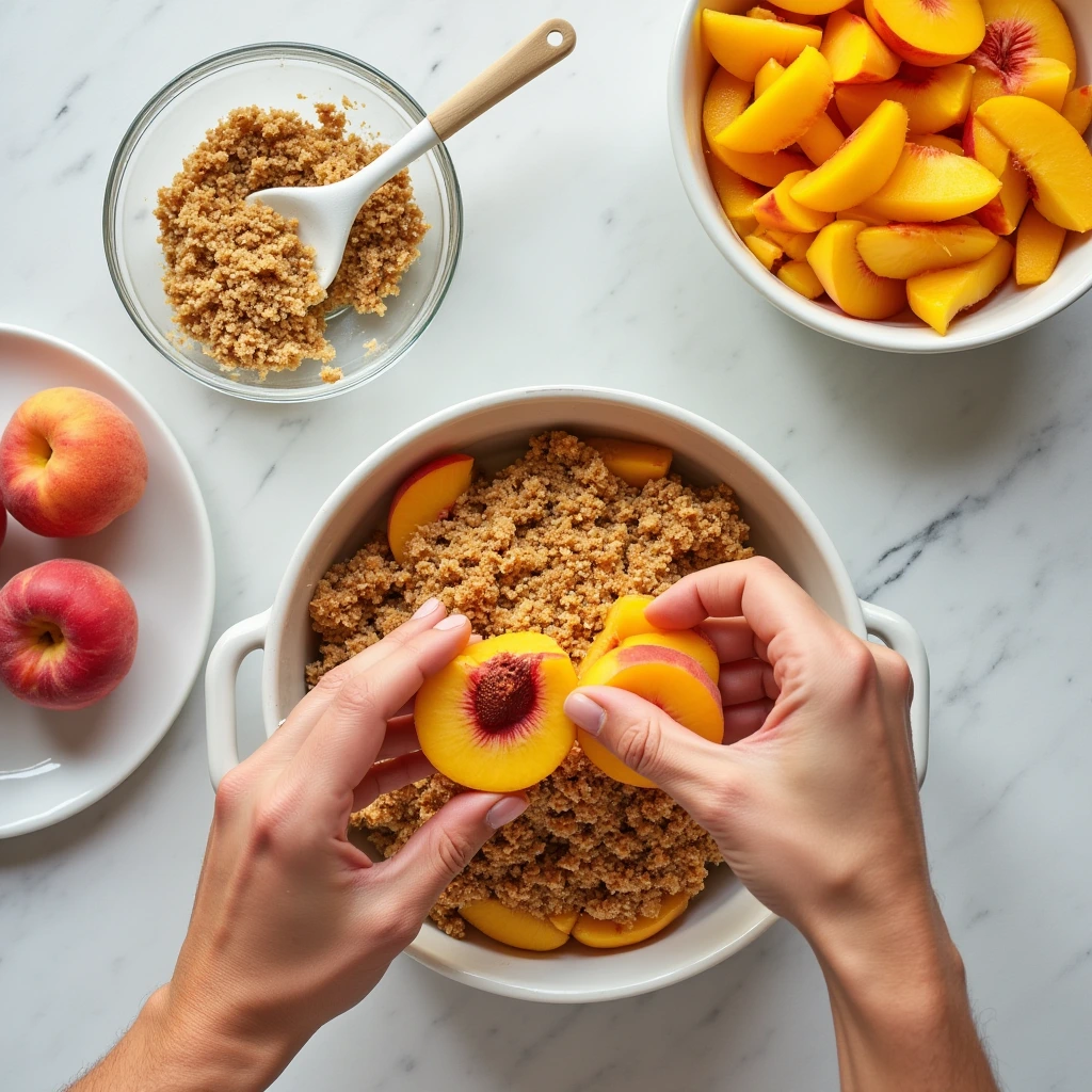 Hands preparing a peach crumble, layering peaches and topping in a baking dish