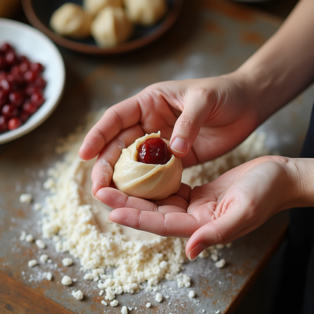 Hands wrapping red bean paste with glutinous rice dough