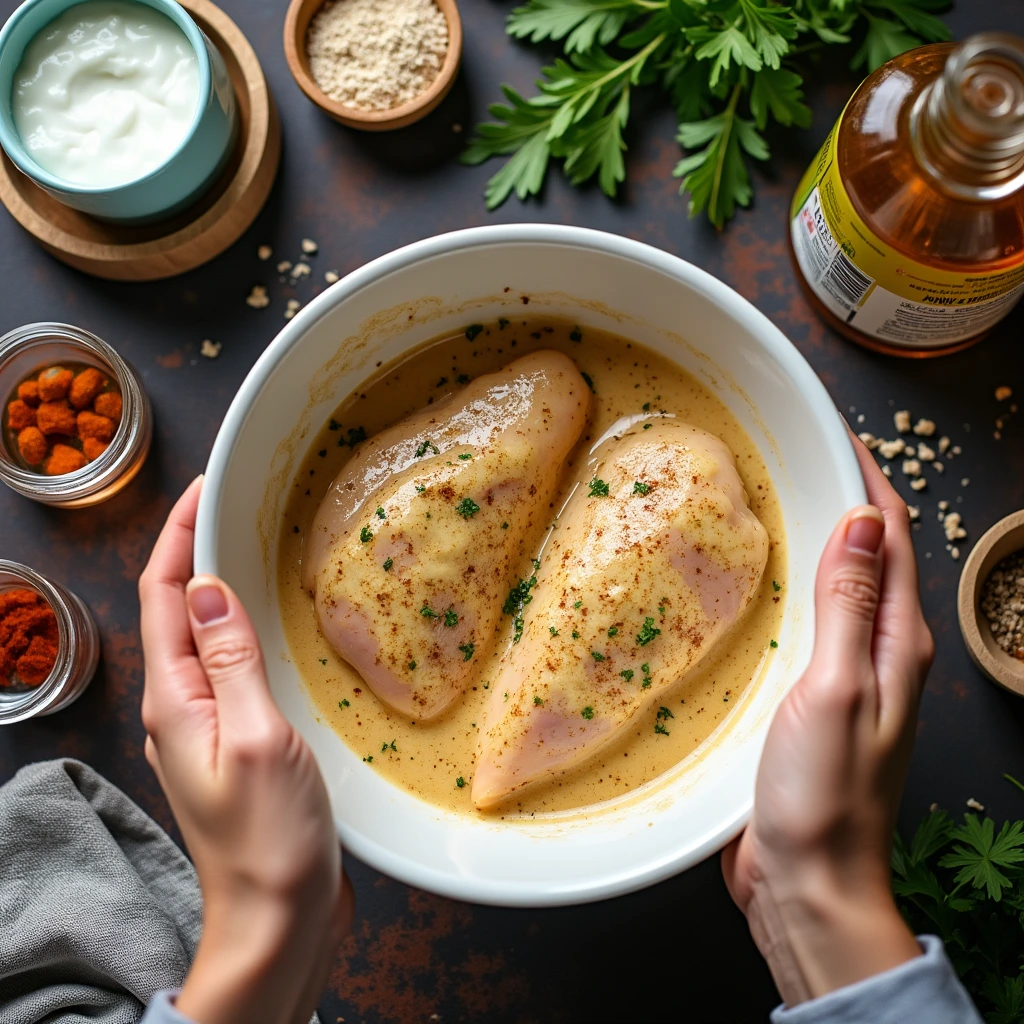 Marinating chicken for grilled butter chicken with yogurt and spices