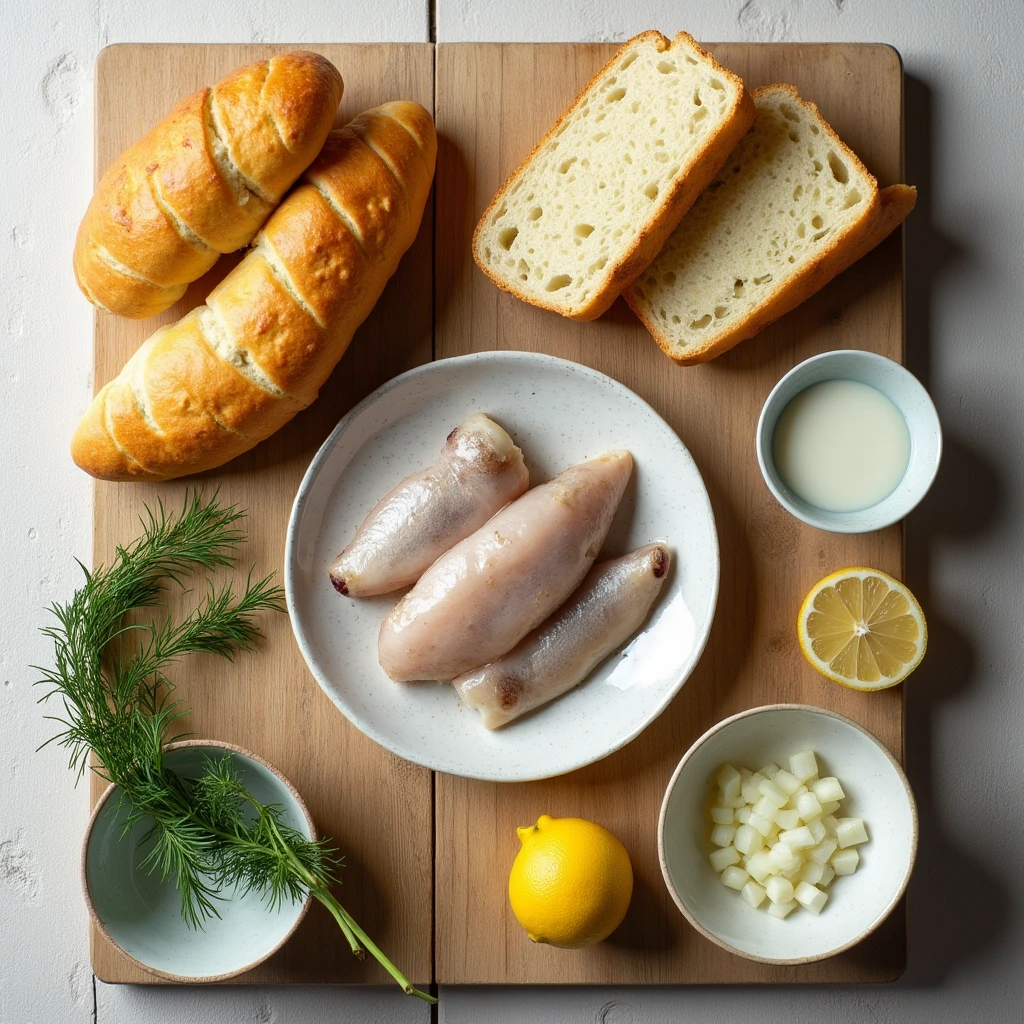 Ingredients for Matjesbrötchen recipe: matjes herring, brötchen rolls, dill sauce, onions, and fresh herbs