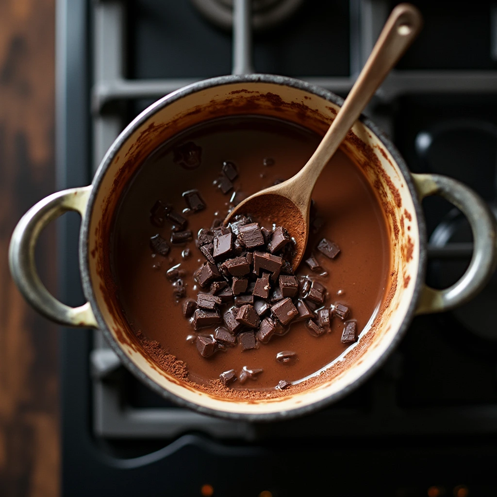 Chopped dark chocolate being added to hot cocoa mixture