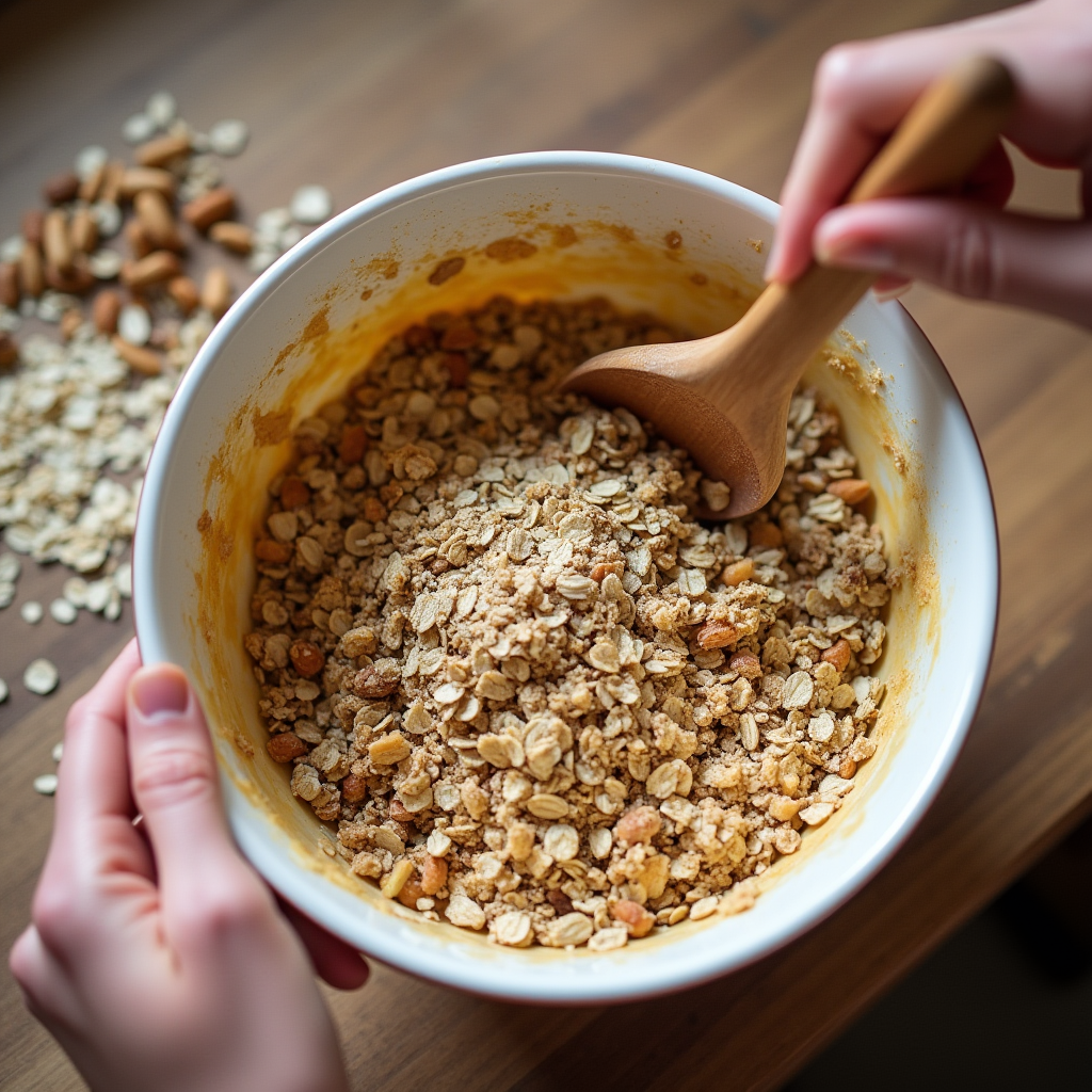 Hands mixing ingredients for vanilla nut granola in a bowl