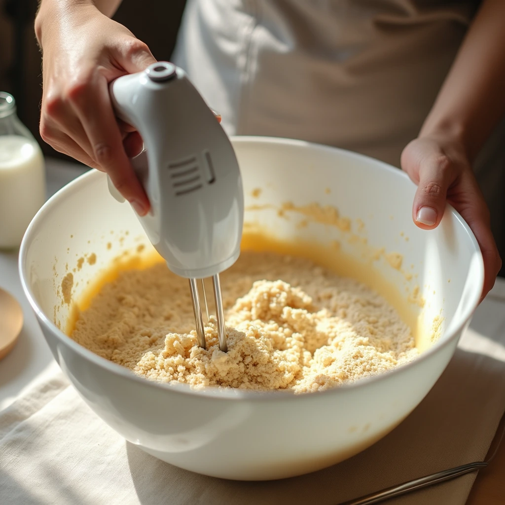 Mixing kefir cake batter with a hand mixer