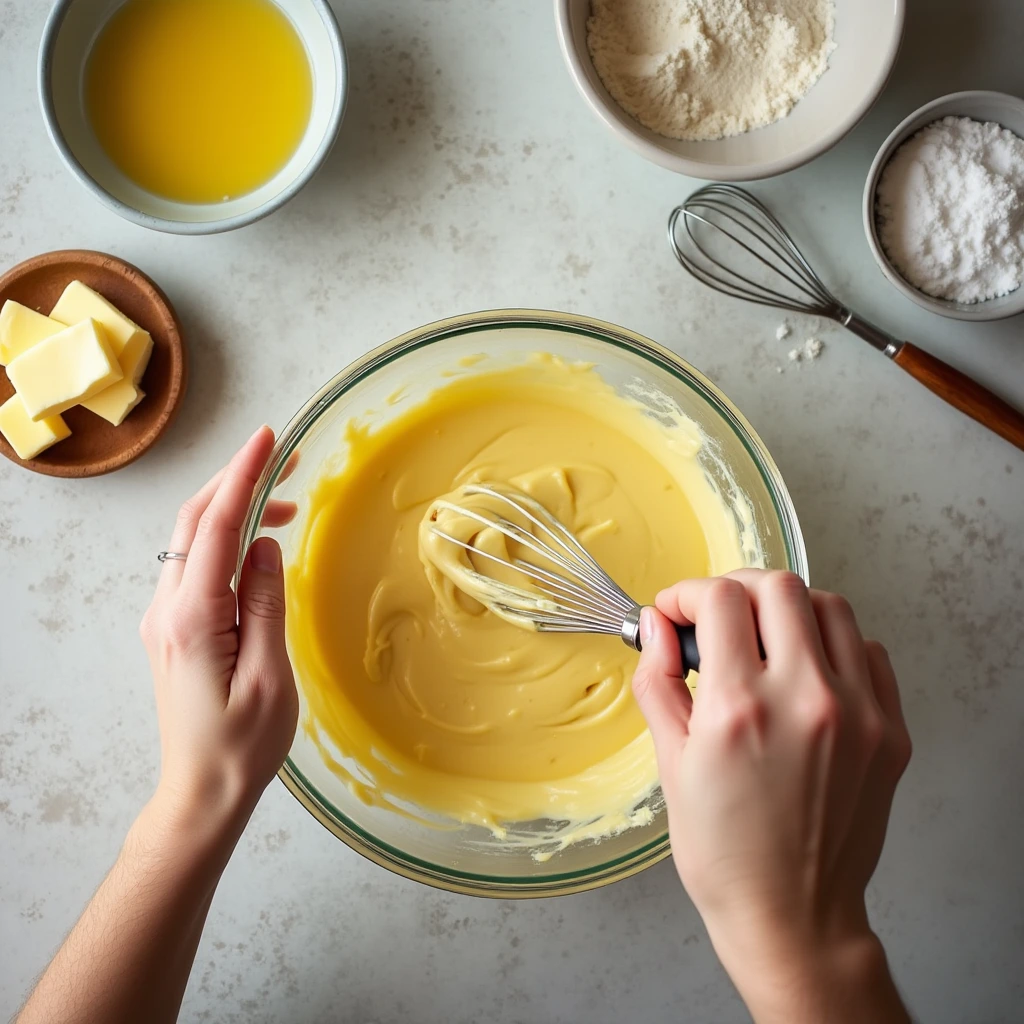 Creamy Madeline batter being mixed in a bowl