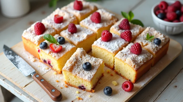 Delicious sliced kefir sheet cake with fresh berries and powdered sugar