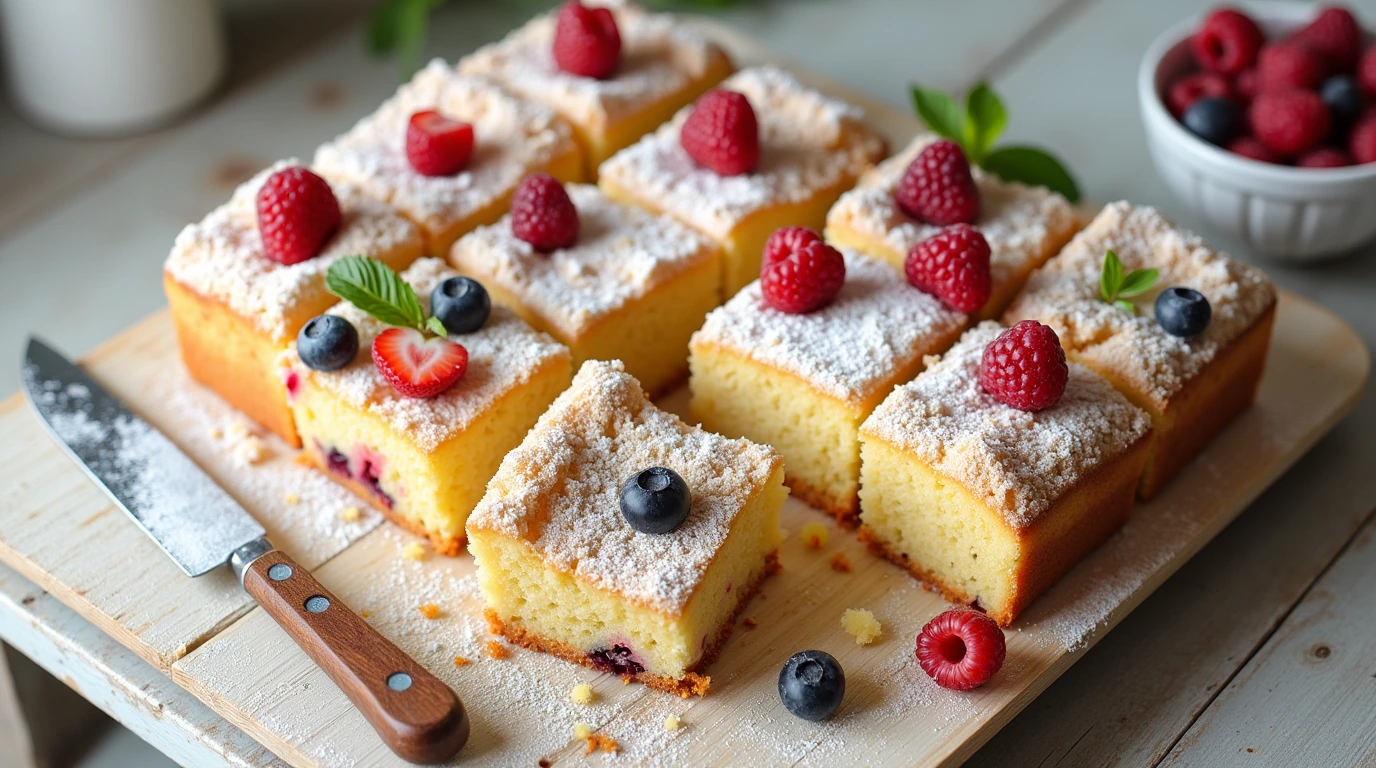 Delicious sliced kefir sheet cake with fresh berries and powdered sugar