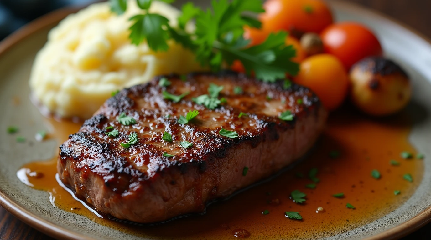 Delicious deer meat cube steak with mashed potatoes and roasted vegetables