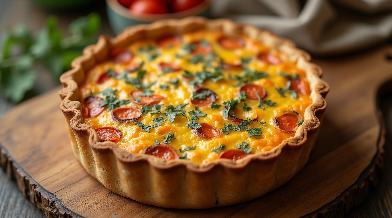 Delicious and healthy quiche with visible vegetables on a wooden board