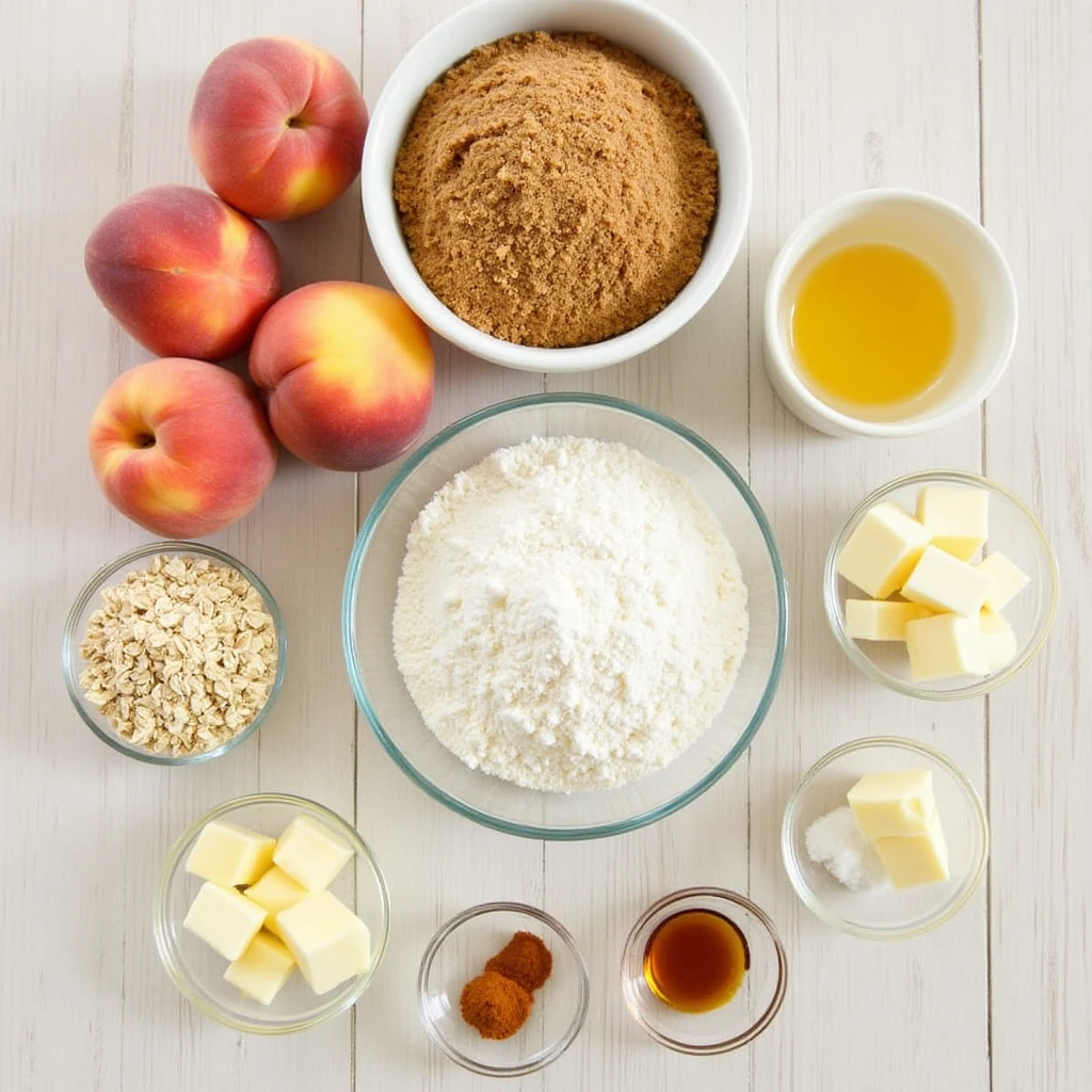 All ingredients for peach crumble recipe laid out on a wooden surface