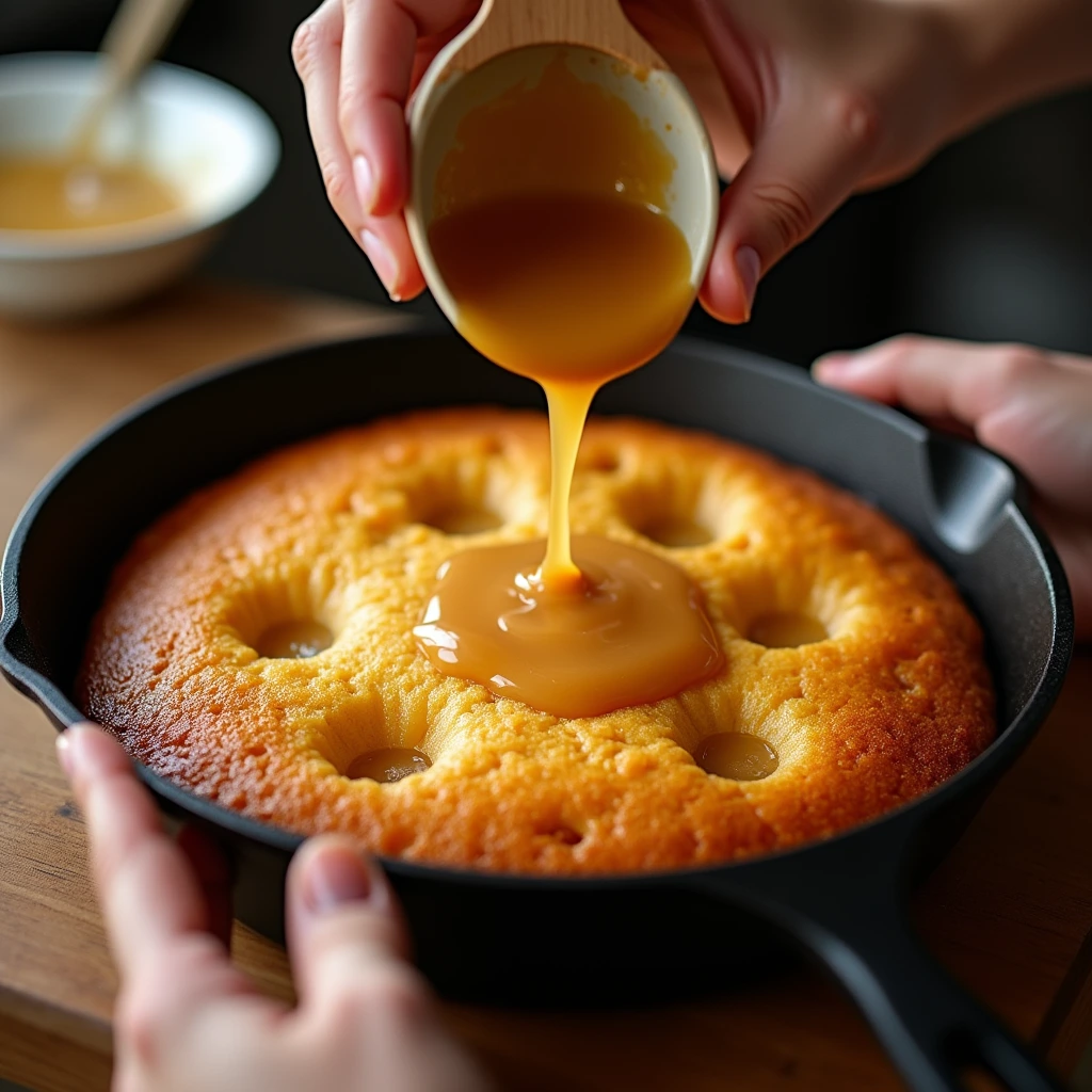 Hands poking holes in the cake and pouring sauce for the Butter Pecan Praline Poke Cake