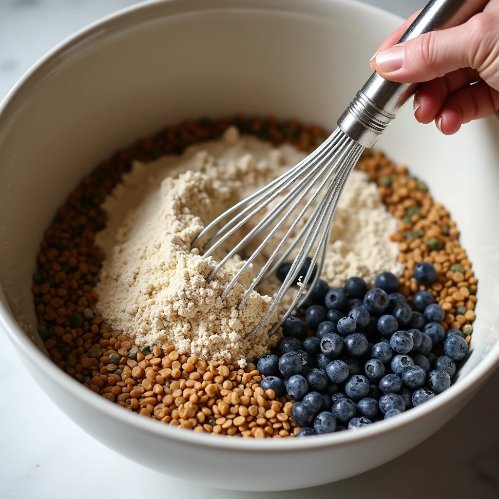 Mixing ingredients for blueberry lentil bread in a bowl