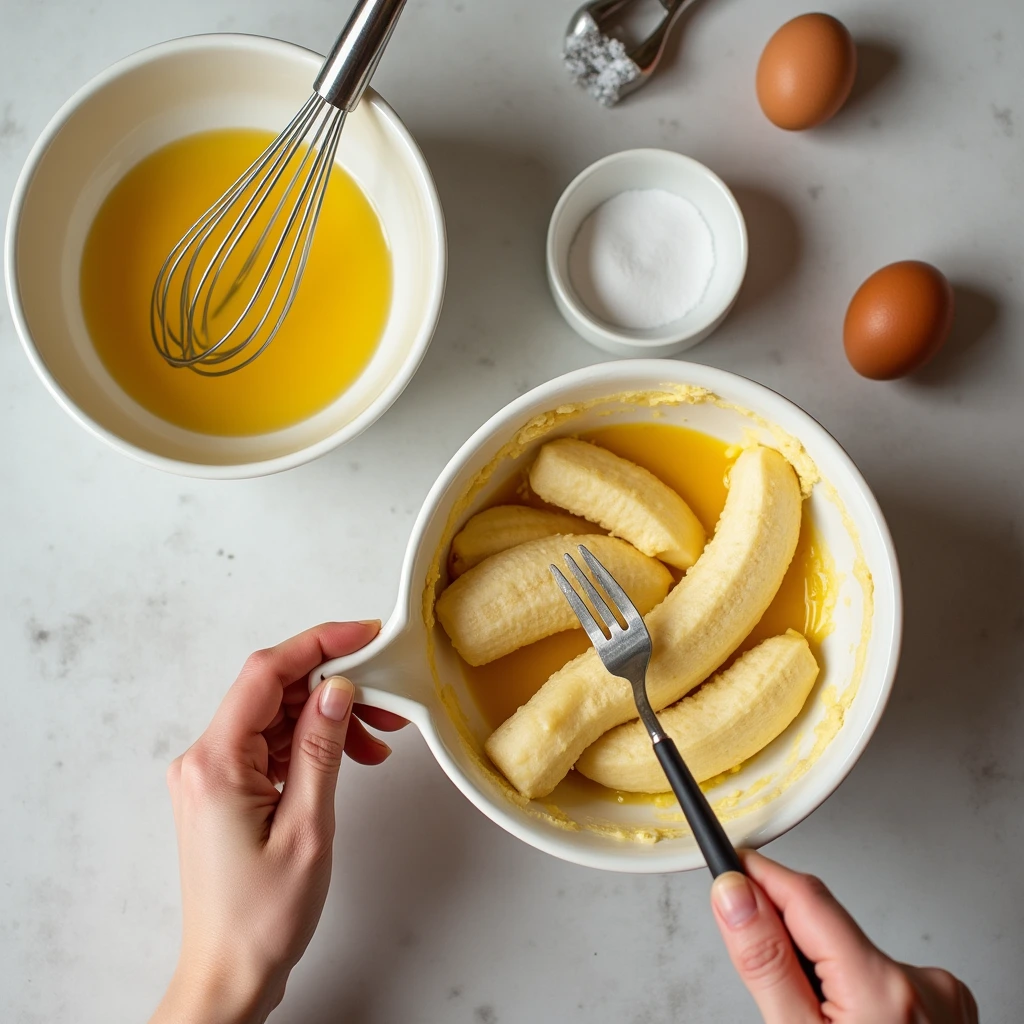 Mashing bananas and mixing wet ingredients for banana bread