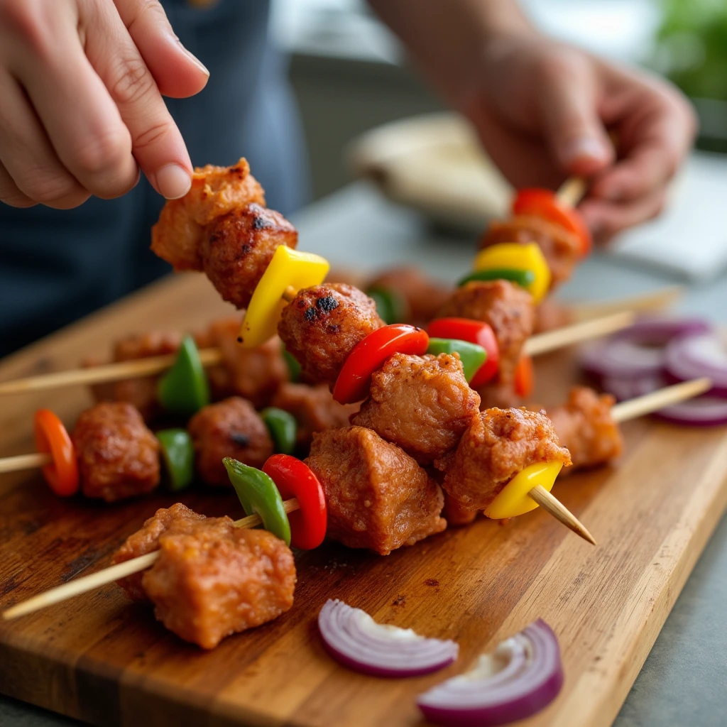 Hands assembling chorizo skewers with chorizo, bell peppers, and red onions