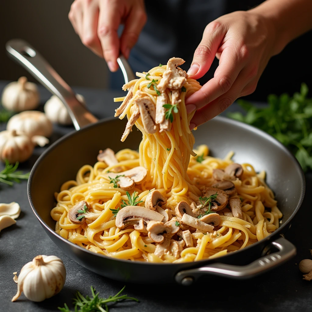 Hands adding shredded chicken to a skillet with pasta for creamy chicken and mushroom pasta