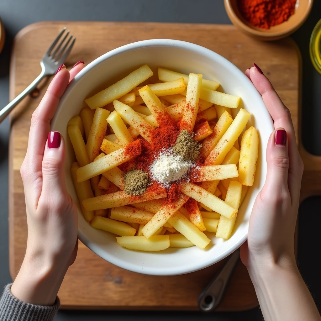 Hands tossing potato fries with spices for homemade hot fries