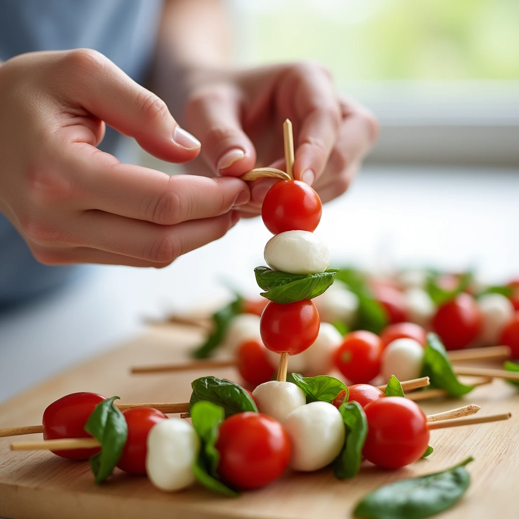 Close-up view of hands assembling mini Caprese skewers with cherry tomatoes, mozzarella, and basil. justalittlebite recipes