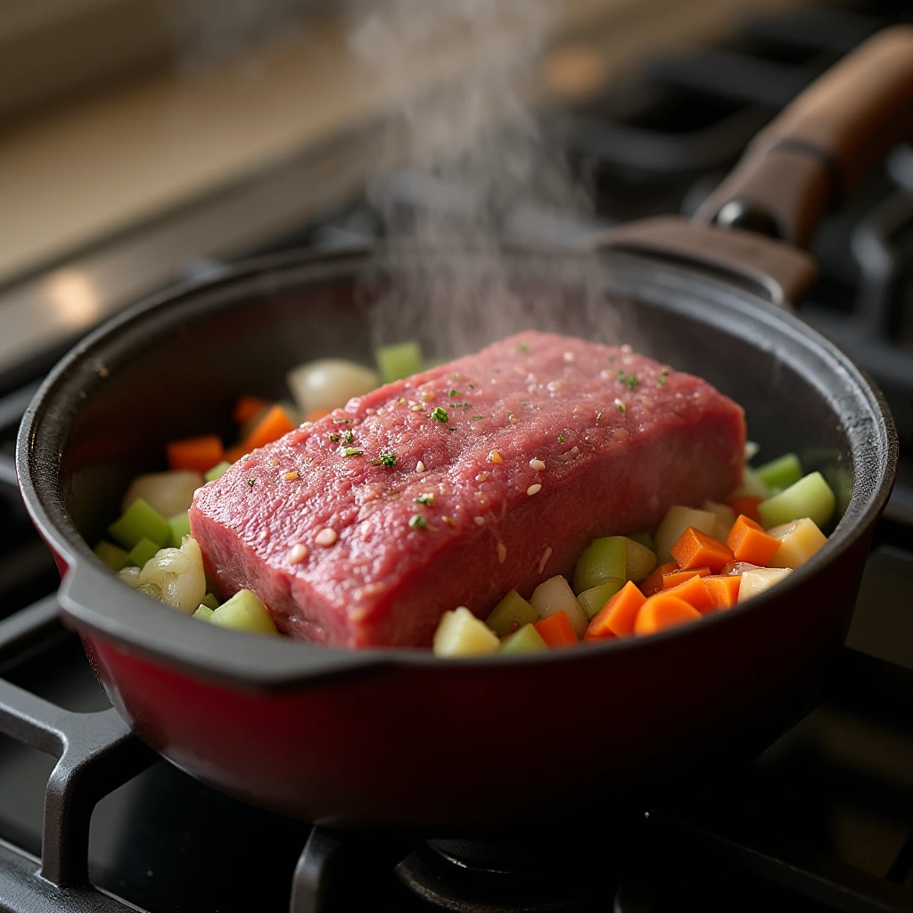 Searing silverside beef with vegetables in a Dutch oven