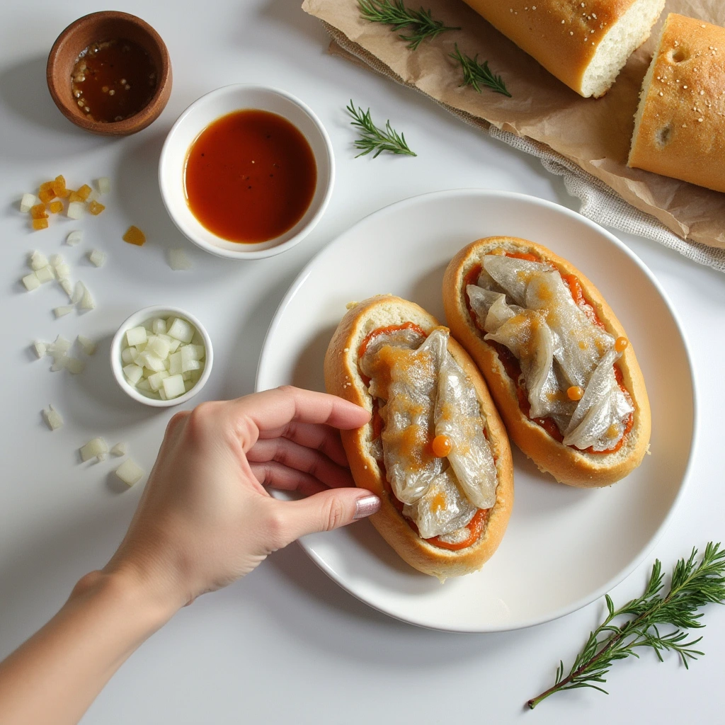 Preparation steps for making a Matjesbrötchen: adding herring to bread with sauce