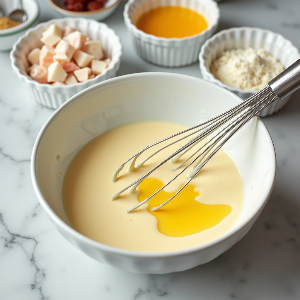 A kitchen scene showing the preparation of crab brulee with a mixing bowl of custard, another bowl with crab meat, and a ramekin ready for use