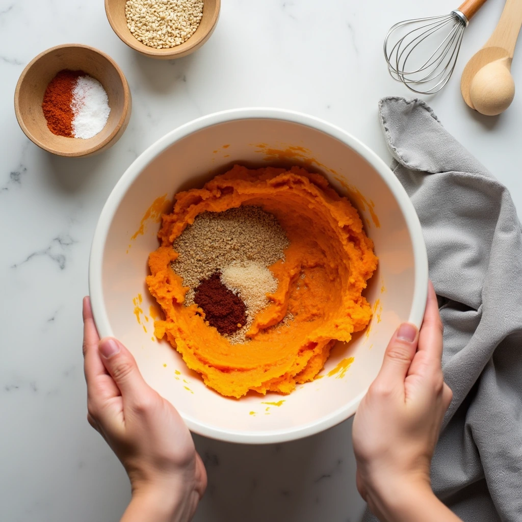 Mixing ingredients for seeded miso sweet potato bread in a bowl