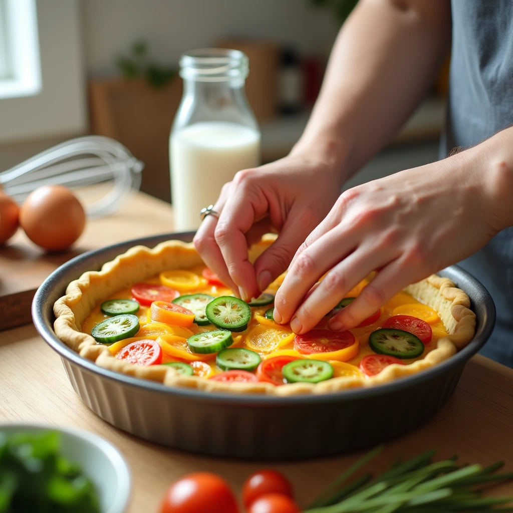 Preparing a healthy quiche with fresh vegetables