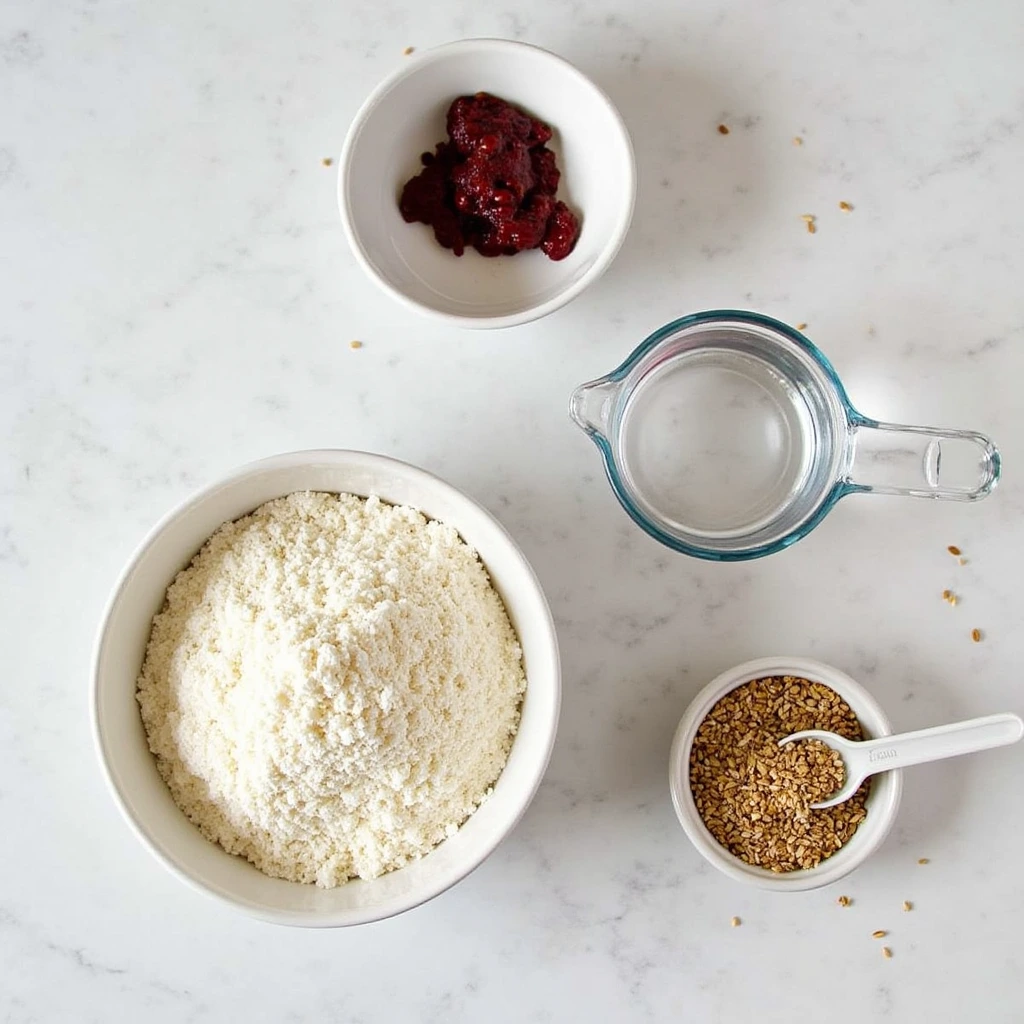 Ingredients for making red bean rice balls displayed on a kitchen counter