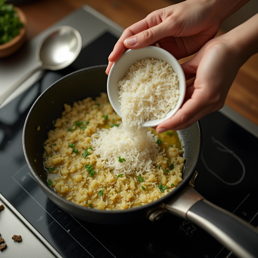 Adding Rice to Pan with Aromatics