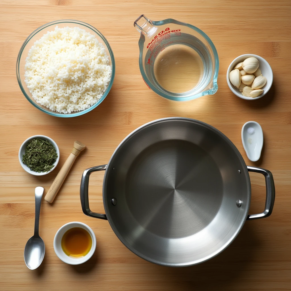 Ingredients and tools to make herb infused rice hack