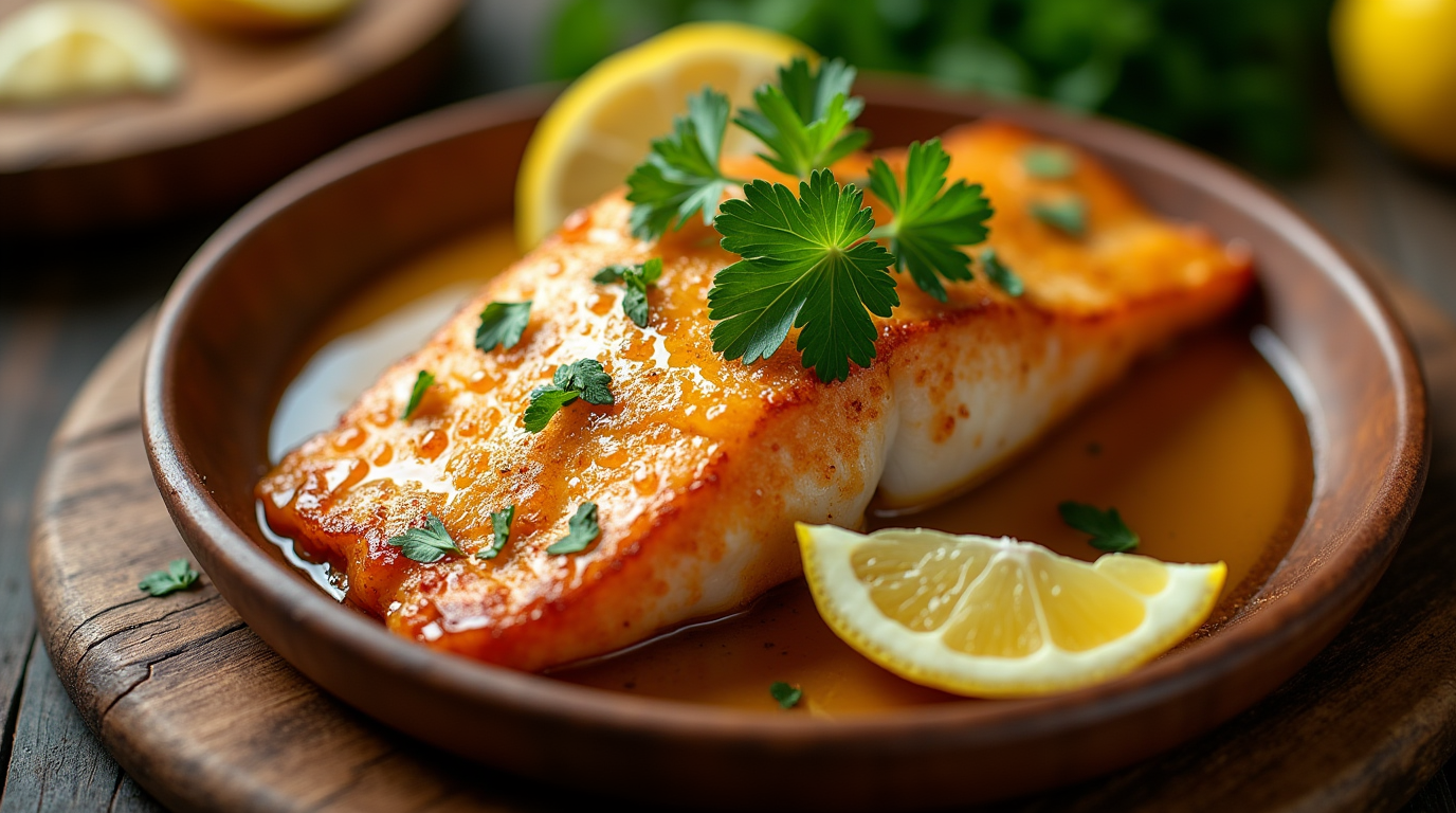 Close-up of a cooked salmon fillet with lemon butter sauce, parsley, and lemon wedges