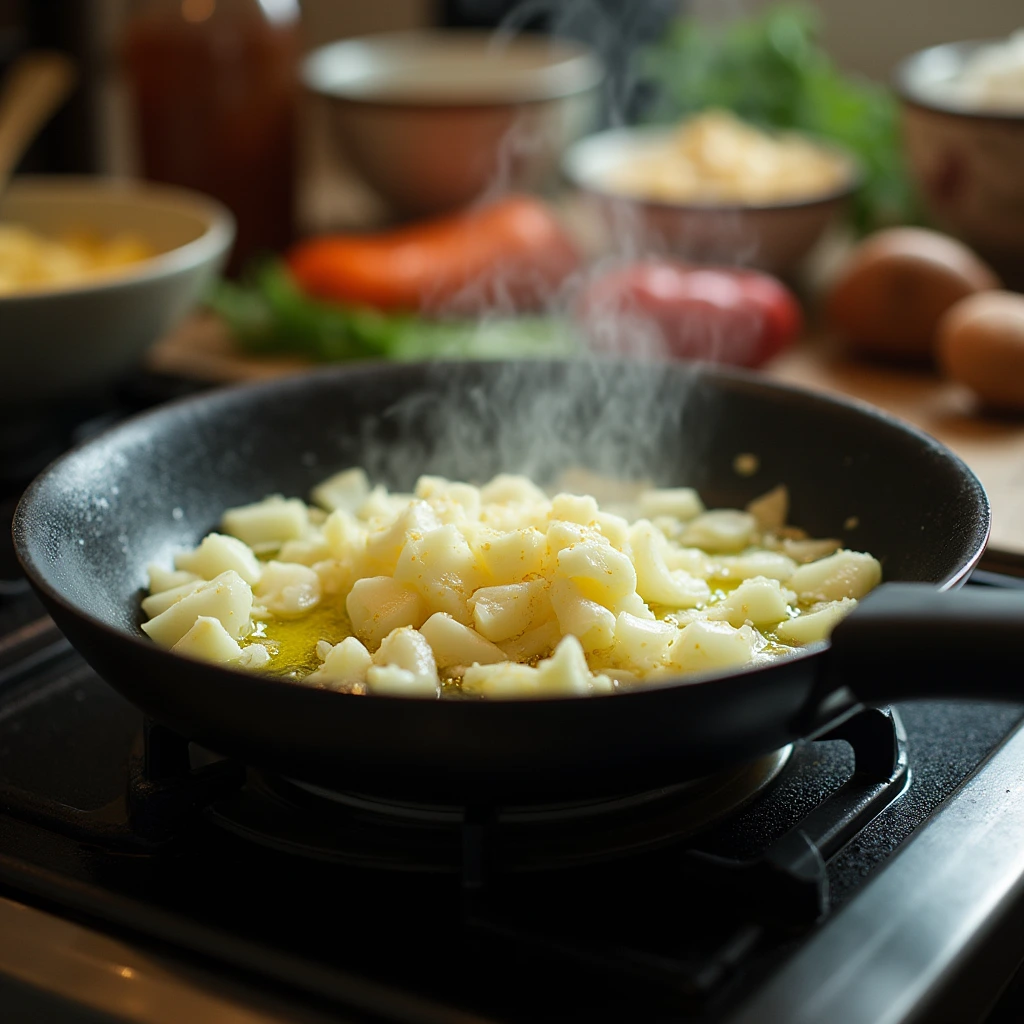 Onions and garlic sautéing in a pan for Benignis Potota soup