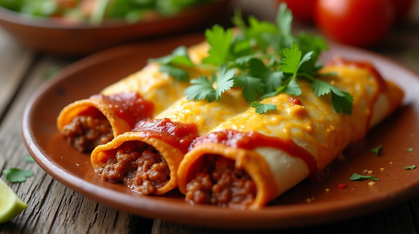 Delicious beef and cheese enchiladas with red sauce and melted cheese, garnished with cilantro