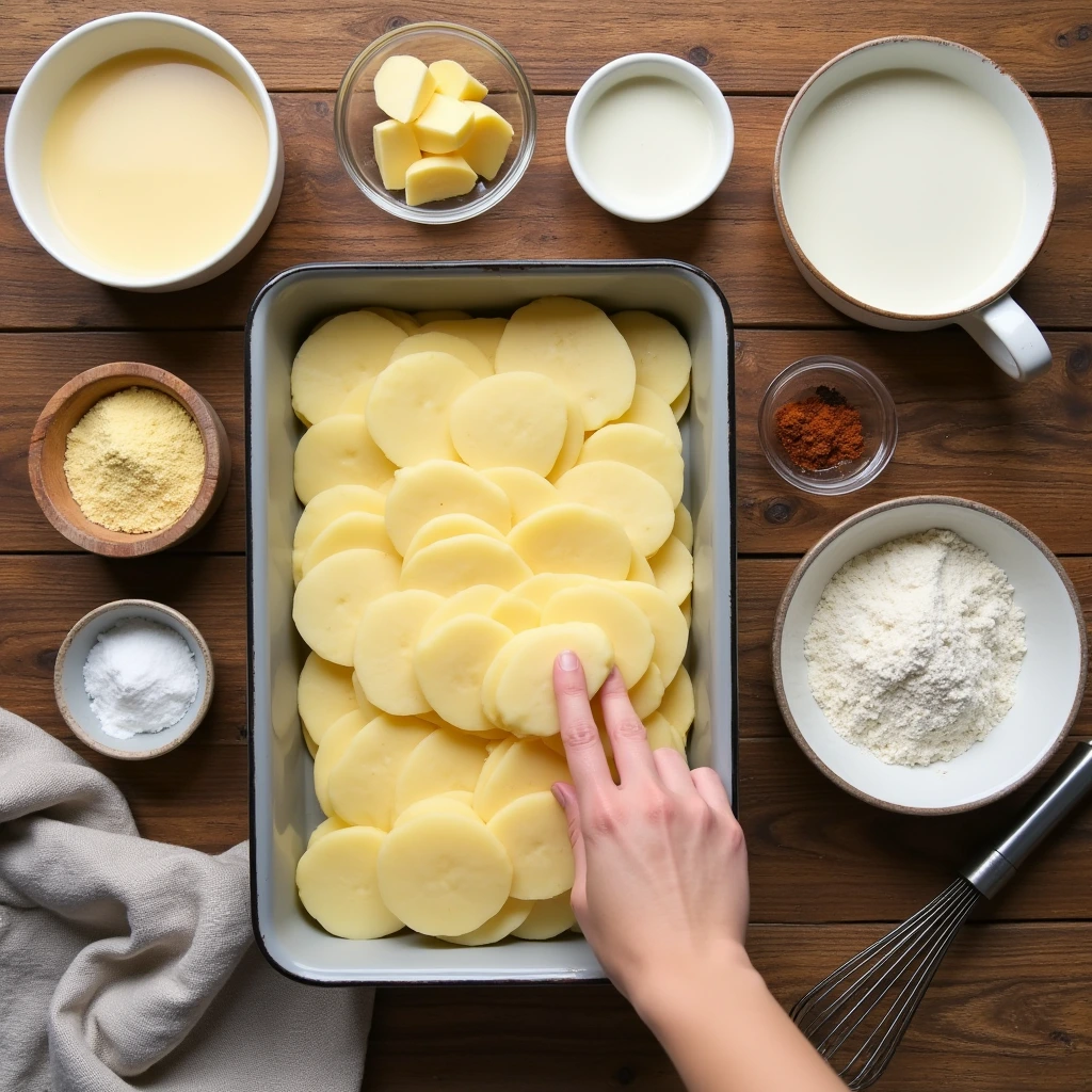 All ingredients and a preparation step for scalloped potatoes with cheese powder