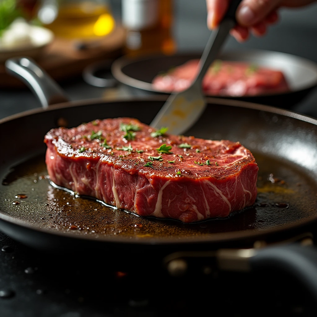 Searing a rib steak in a hot pan