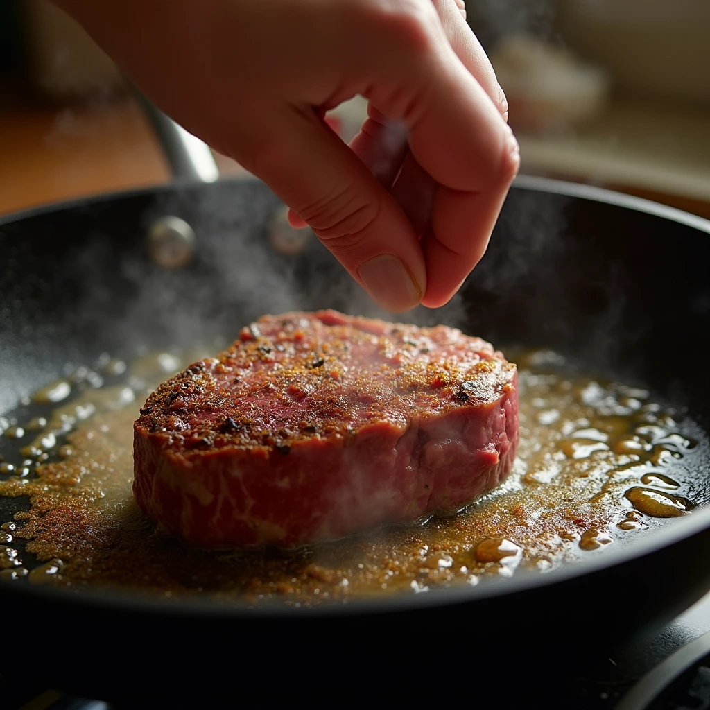 Searing deer meat cube steak in a hot skillet