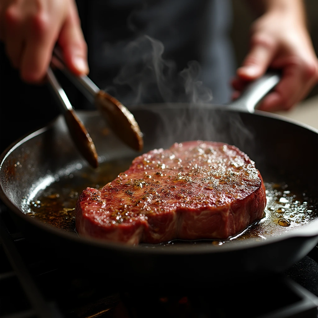 Searing a bison ribeye steak in a cast iron skillet