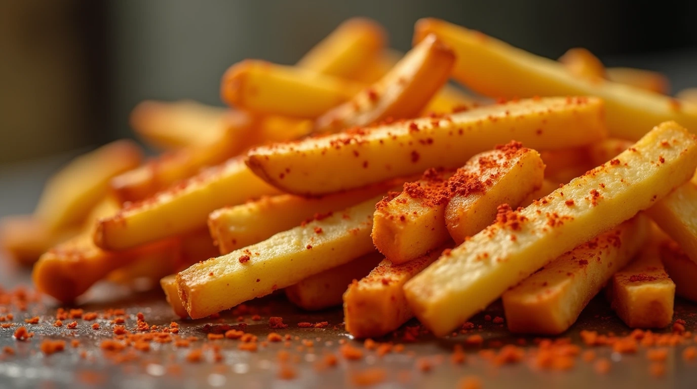 Close-up view of crispy, spicy hot fries