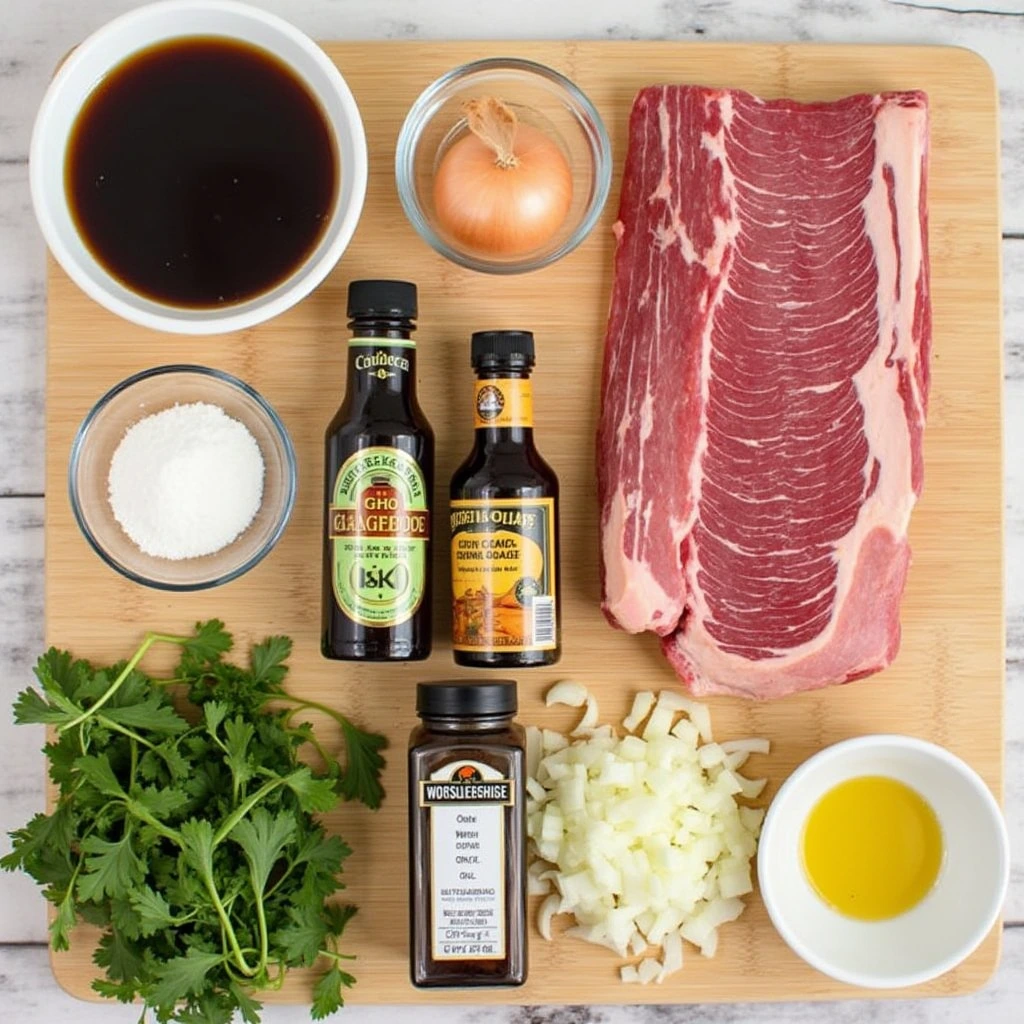 Ingredients and tools for slow cooker rib steak recipe